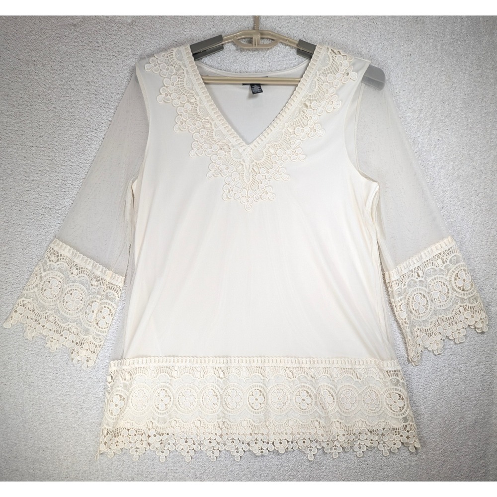 Alfani Womens Blouse Crochet Lace Mesh Sleeve 7783 Nylon Cotton Cream Regular L